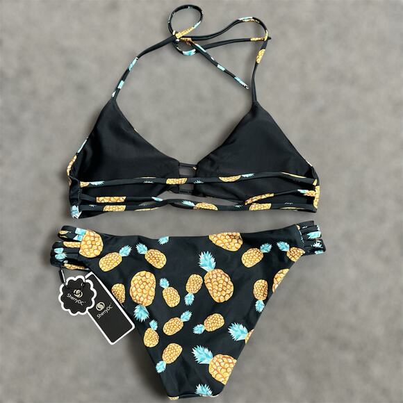 Sherry DC 2 Piece Bikini SMALL Black Pineapple Beach Hipster Strappy Halter NEW - Picture 4 of 8